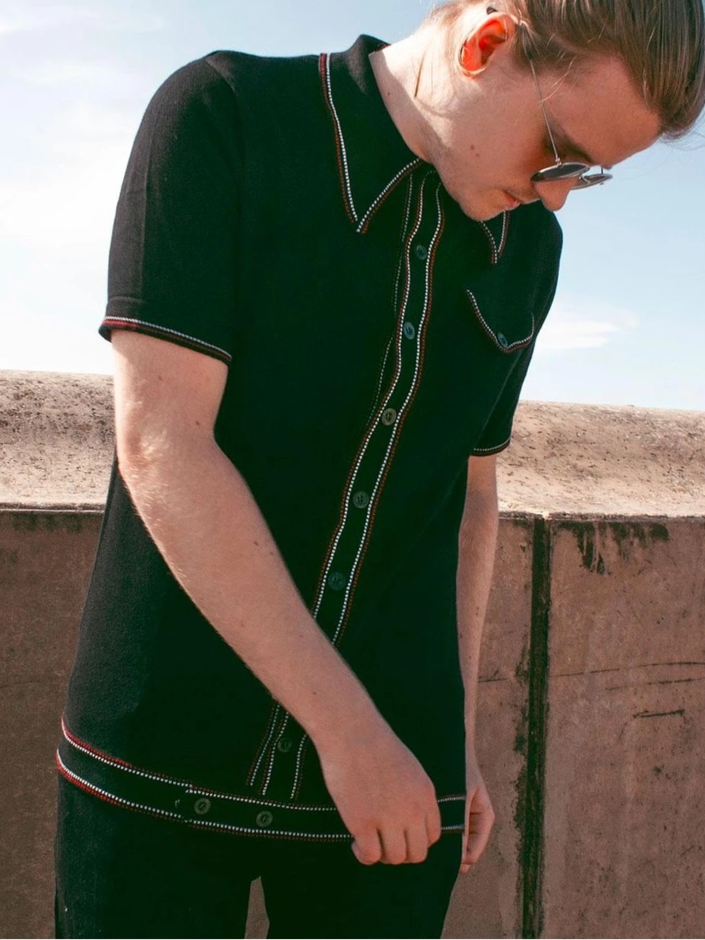 Madcap England Crawdaddy Mod Micro Dash Knit Polo in Black
